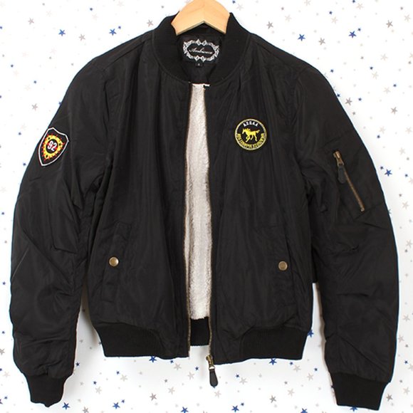 Fur Lined Short Bomber Jacket Patches Black - Picture 1 of 12
